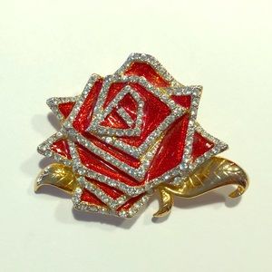 Rose enameled brooch with rhinestones